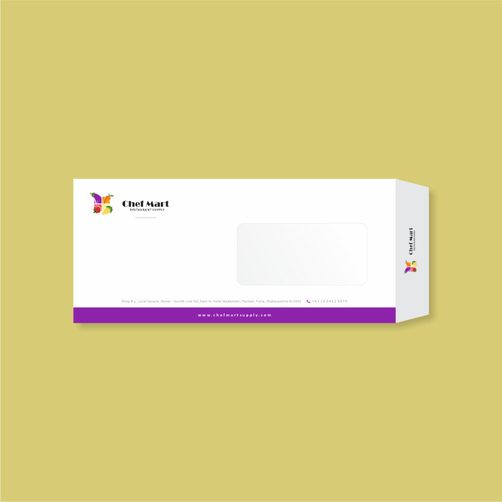 A stack of printed envelopes with a company logo and address